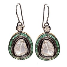 1.00ct Antique Diamond Emerald Studded Victorian Gorgeous Silver Earring Jewelry