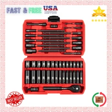 44pcs Drive Socket & Nut Driver Set Ratchet Deep Shallow Metric Hex Shank 6"Long
