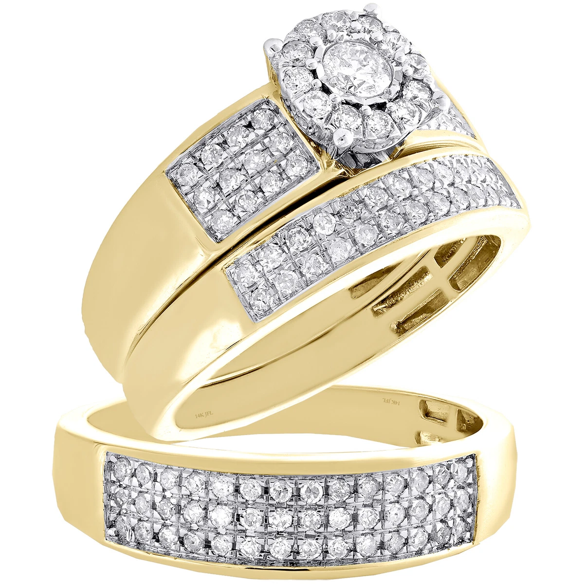 14K Yellow Gold Solitaire Diamond Trio Set Flower Bridal Wedding