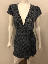 Brandy Melville Womens Black Surplice Neck Floral Short Wrap Dress One Size