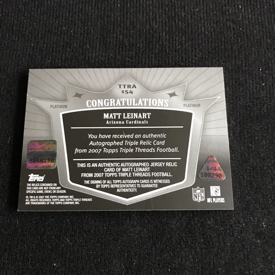 Matt Leinart 2007 Topps Triple Threads Platinum Game Used Jersey Auto #1/1 - Image 2 of 2