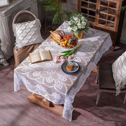 59x90" White Vintage Embroidered Lace Tablecloth Table Cover Wedding Party Decor - Picture 5 of 7