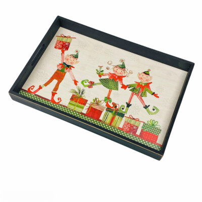 CounterArt Christmas Elves Dancing Atop Presents Wooden Tray w/ Handles Retired