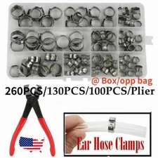 260PCS 304 Stainless Steel Single Ear Stepless Hose Clamps 6.5-21mm Kit or Plier
