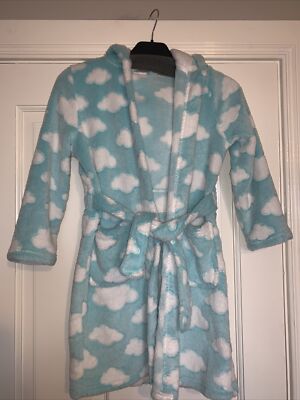 Blue Fleece Warm Dressing Gown White Clouds Age 7 - 8 Bath Robe | eBay