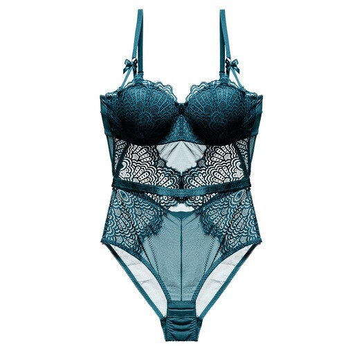 Bodysuit Women Sexy Lingerie Lace Push Up Bra Bow Peacock Feather Hollow Shaper-image
