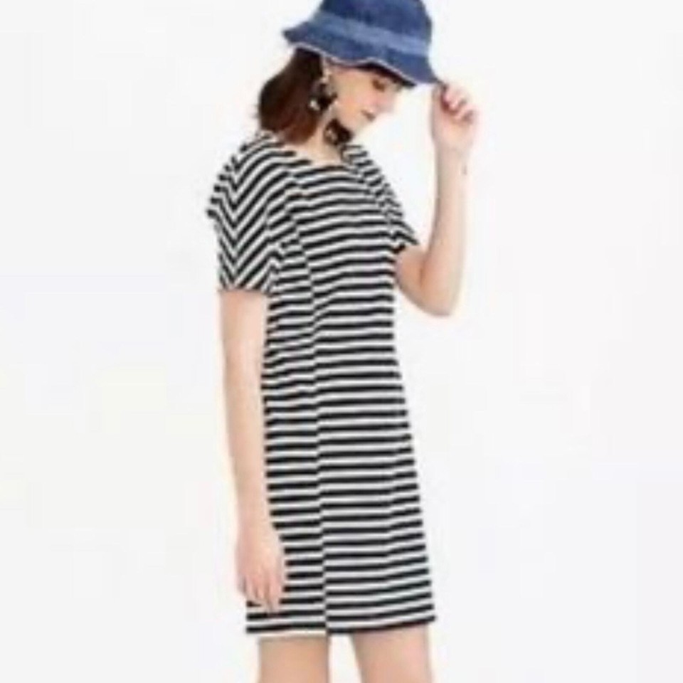 J. Crew Black White Striped Short Sleeve Zip Cotton Dress Size Medium