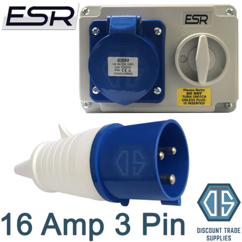 16 Amp 3 Pin Interlock Socket Switch with Industrial Trailing Plug IP44 Free P&P - Picture 1 of 1