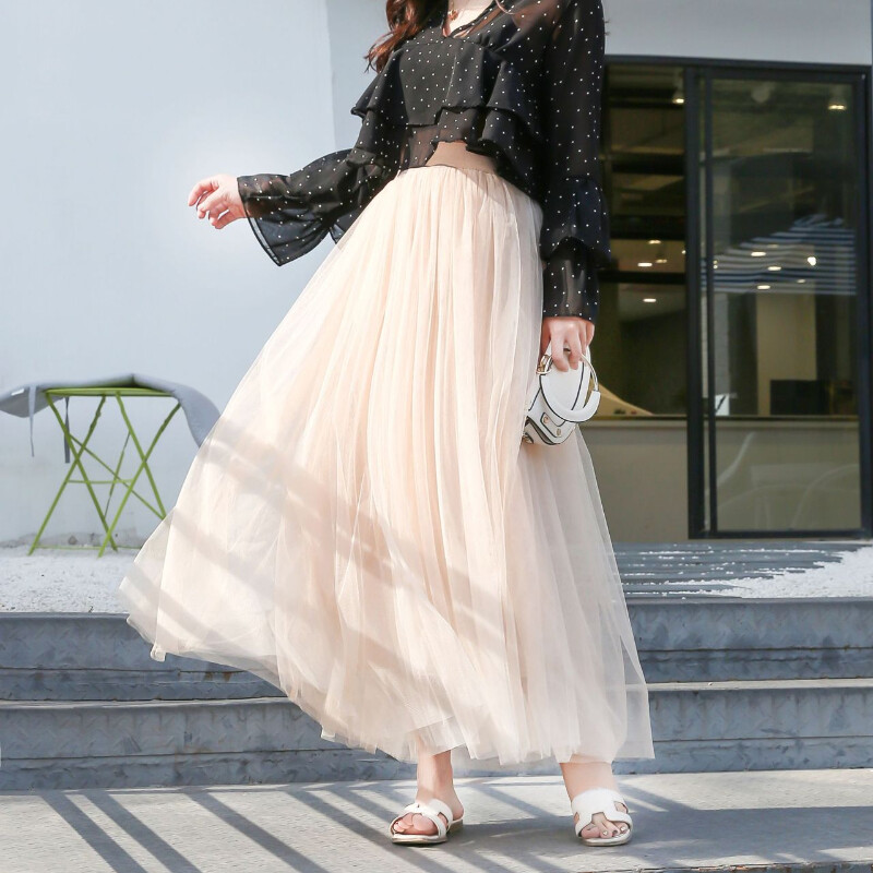 Women Midi Mesh A-line Long Skirt AGauze Tulle Elastic High
