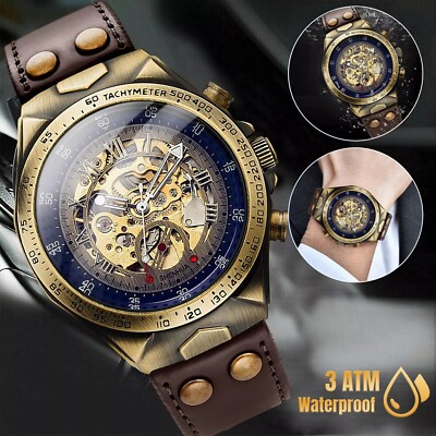 Reloj cuero para hombre,estilo Esqueleto Retro tono dorado,mecanico automatico.