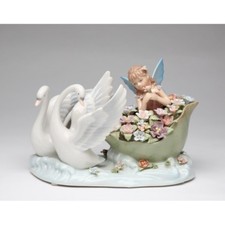 NEW MUSICAL "SWAN WITH FAIRY" WHITE+BLUE+GREEN+PINK PORCELAIN FIGURINE-NAIS