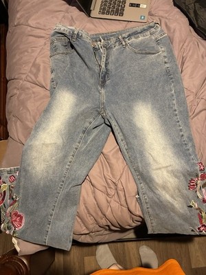 Romwe 2X Embroidered Bell Bottom Blue Jeans High Waist Boho Hippie