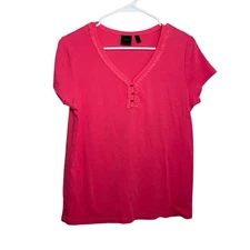 Rafaella Blouse Women's Large Pink Short Sleeve Henley Solid Top T-Shirt