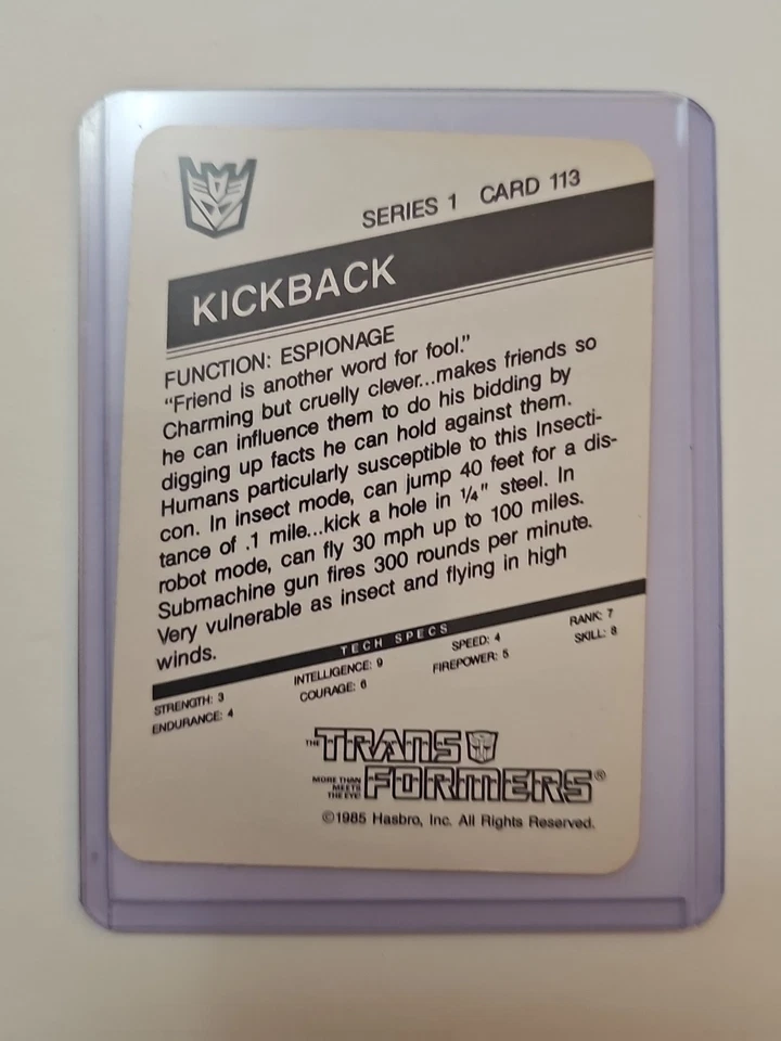 Vtg 1985 Transformers G1 Insecticon KICKBACK & Action Card #113 RARE - Image 3 of 4