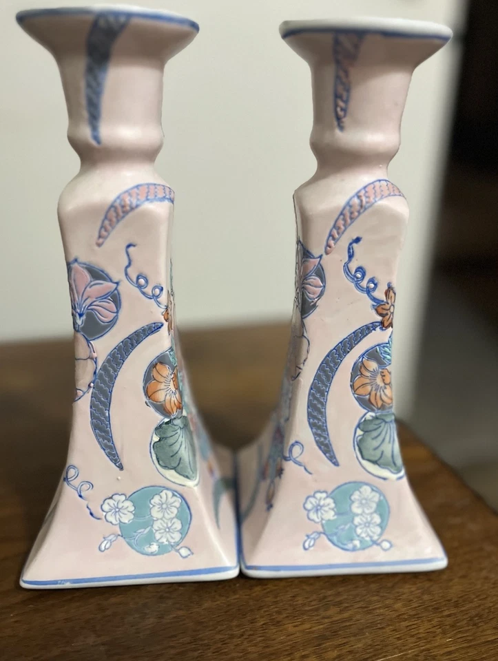 Candle Sticks (2) Chinoiserie Porcelain, Pastel Raised Floral Design 8.75”Tall   - Image 2 of 4