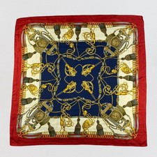 Vintage 100 Silk Scarf Equestrian Horse Bit Harness Tassel Red Navy Gold 35x34