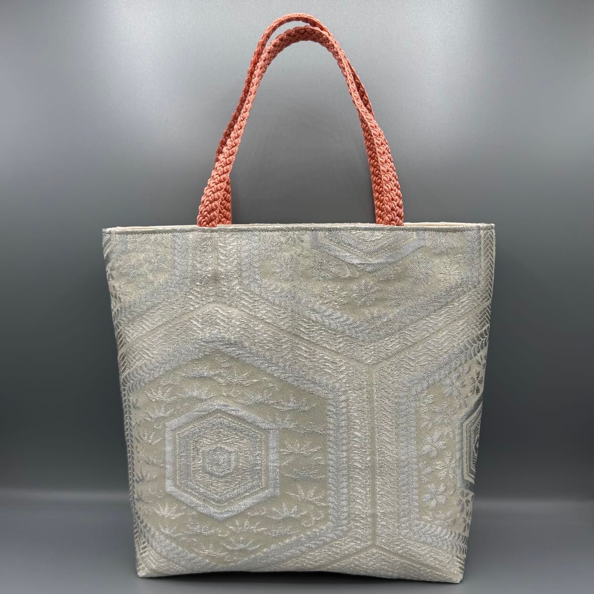 Japanese Kimono Obi Tote Bag with Silver Pink Embroidery Handmade