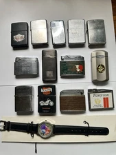 Vintage Lot of 14 Lighters Harley Davidson Swisher Sweets Camel Watch Zippo