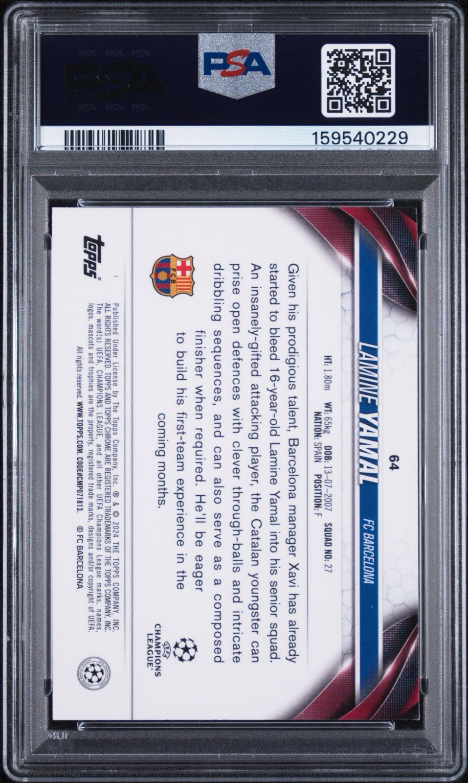TOPPS CHROME UCC 2023-24 LAMINE YAMAL #64 ROOKIE FC BARCELONA PSA 9 RC view 2