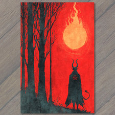 POSTCARD Devil Silhouette Red Moon Forest Fire Horns Tail Pentagram Fiery Sky