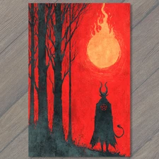 POSTCARD Devil Silhouette Red Moon Forest Fire Horns Tail Pentagram Fiery Sky