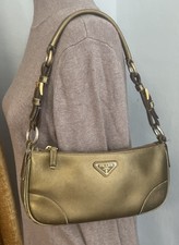 PRADA Saffiano Authentic Gold Leather Shoulde...