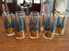 Vtg. Mid Century Atomic Starlyte Turquoise Blue Gold Highball Glasses~8~