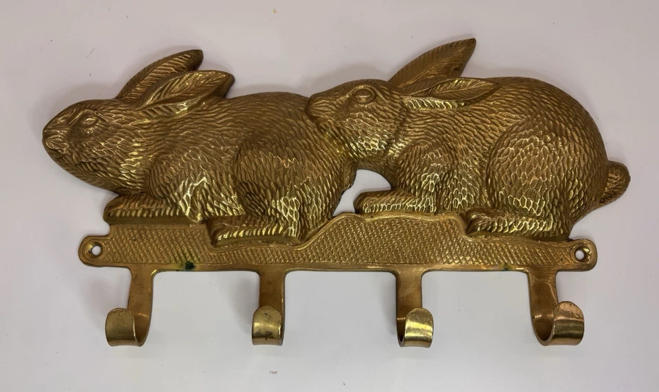 "Llavero vintage colgante de pared de conejo de latón 4 ganchos de 11"" de largo" Foto 2 de 4