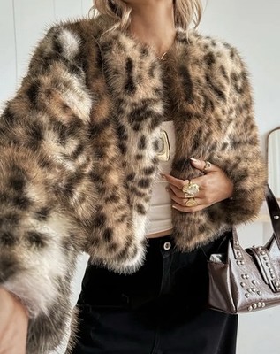 Cropped Faux Fur Leopard-Print Teddy Jacket - Brown