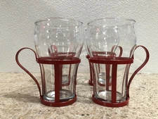 4 Vintage Clear Libbey Glasses Cups Red Metal Base Handle Soda Fountain Style