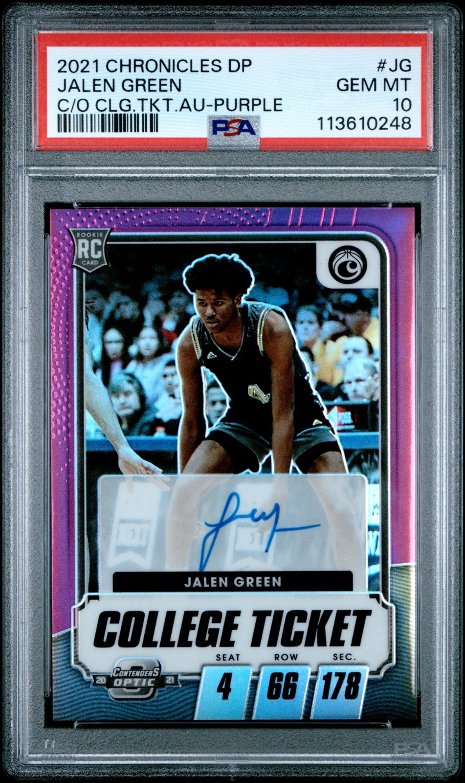 2021 PANINI DP CONTENDERS OPTIC JALEN GREEN #/25 AUTO COLLEGE TICKET PSA 10 RC
