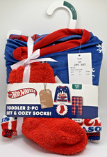 HOT WHEELS Christmas Pajama Sleep 2-Piece Set Cozy Socks Boys Size 4T Toddlers