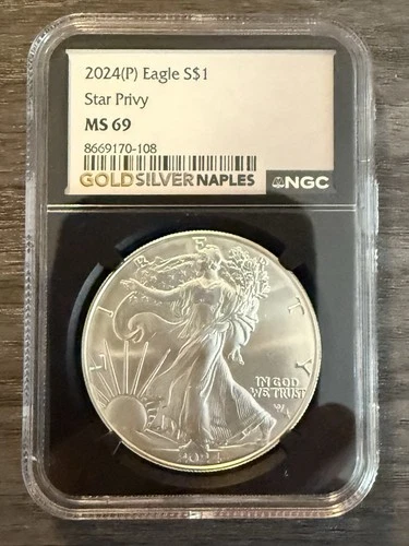2024(P) $1 American Silver Eagle w Star Privy NGC Graded MS69 in Black Core Slab