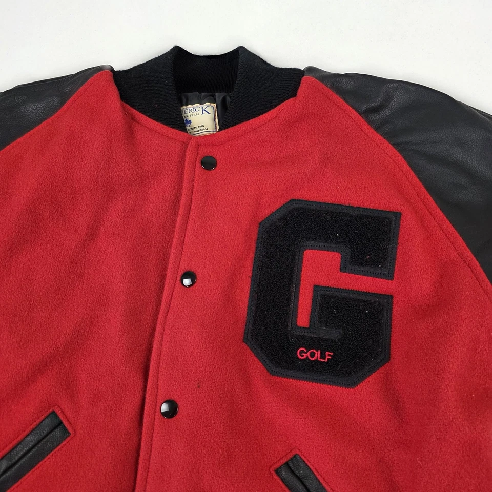 Vtg Maverick Dallas Texas Wool Leather Varsity Jacket Red Black 42 G GOLF Patch Foto 3 de 4