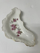 Vintage Andrea by Sadek Pink Floral Bone Dish Crescent Trinket Dish EUC