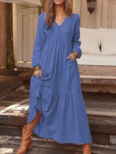 Womens Long Sleeve V-Neck Kaftan Casual Loose Baggy Oversize Maxi Dress Gown - Picture 9 of 17