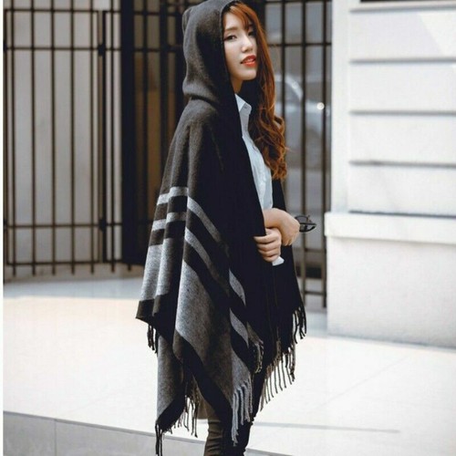 Women Hooded Poncho Scarf Shawl Cape Wrap Stripe Tassel Batwing Sleeve Warm - Picture 6 of 16