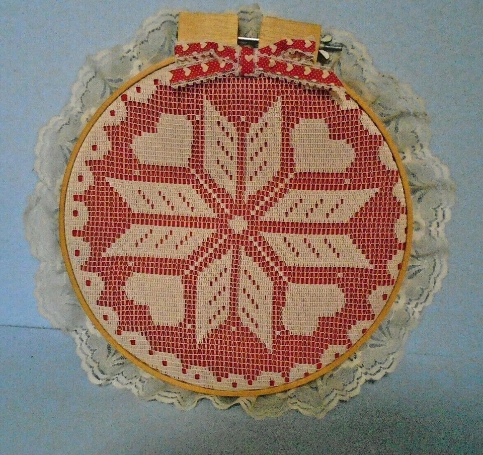 Wooden Framed Round Embroidery-Needlework-Hearts With White Lace Border - Image 2 of 3