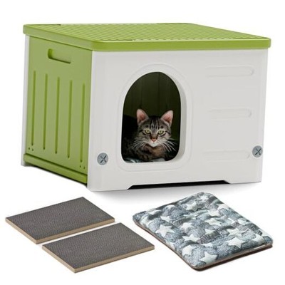 Plastic Cat House for Outdoor Indoor Use, Stackable Feral Cat Shelter Green