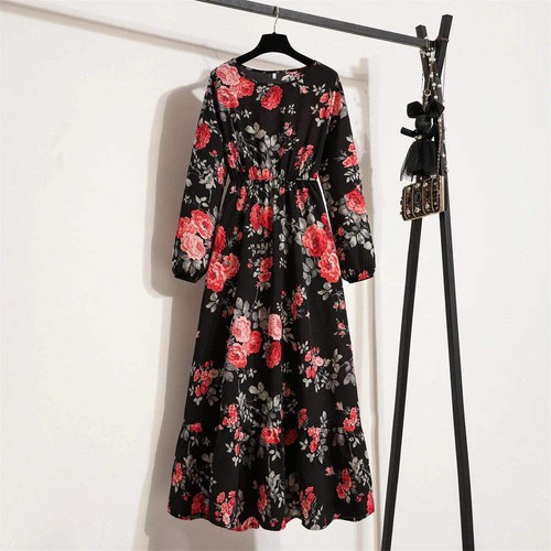 Maxi Dresses Casual Full Sleeve Floral Printed O-neck Woman Long Dress - Picture 10 of 122