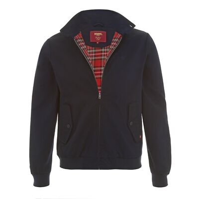 MENS MERC LONDON CLASSIC TARTAN LINED HARRINGTON BOMBER JACKET - NAVY BLUE