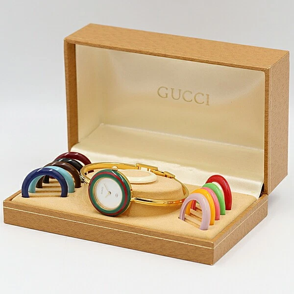 Dead Class Box Working Beauty Gucci 1100 L Change Bezel White QZ Bangle Watch