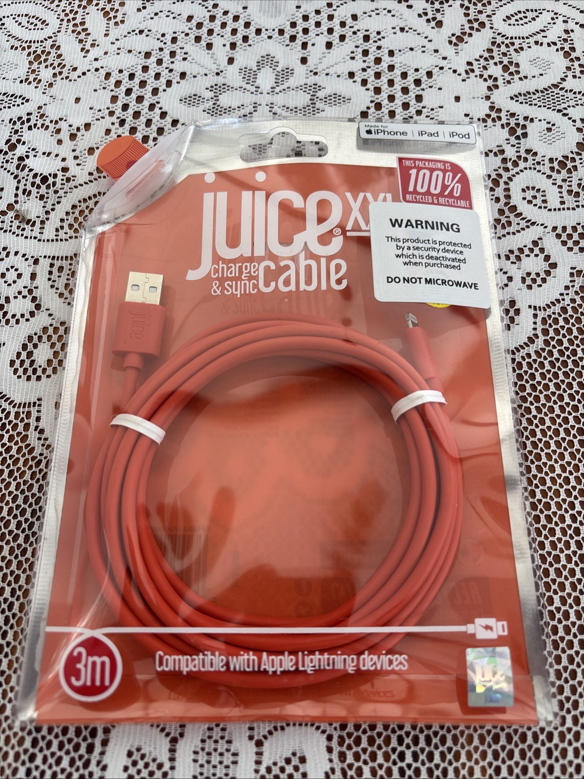 Juice XXL Charge & Sync Cable. 3m. Orange/Red. USB-A to Apple (iPad/iPod/iPhone)