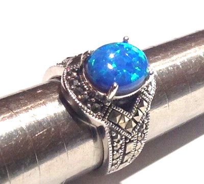 Sterling Silber Art Deco Grob Cabochon Blau Opal Markasit Statement Ring R1/2 9