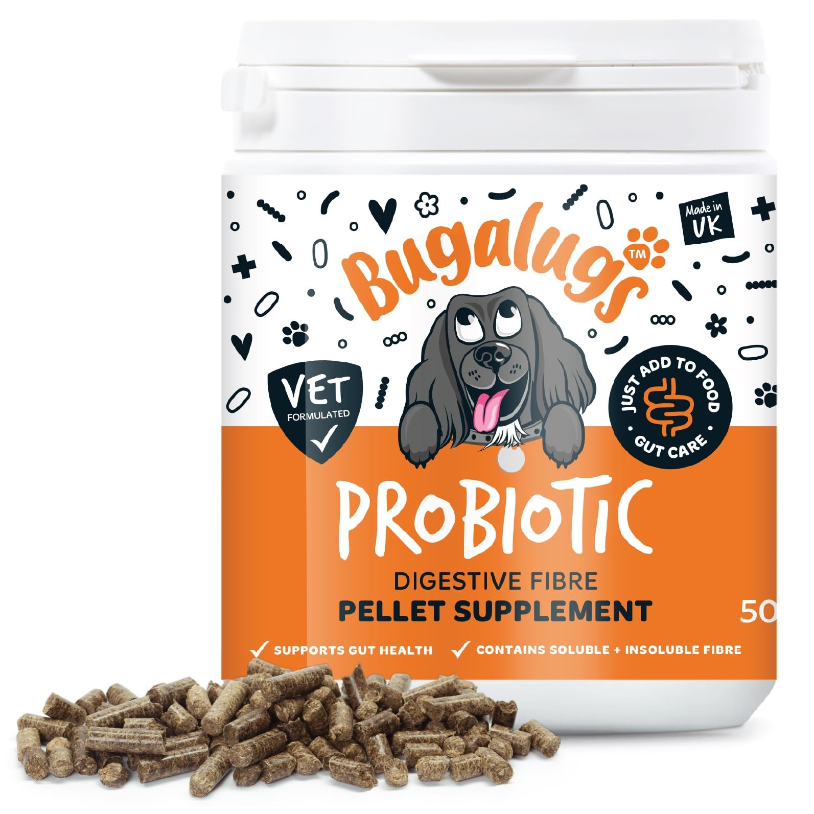 Bugalugs Dog Fibre Supplement Pellets with probiotics for dogs, 500g, Brown