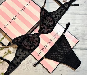 Victoria's Secret Mesh Hearts Lace Logo Unlined Bra Thong Set Black