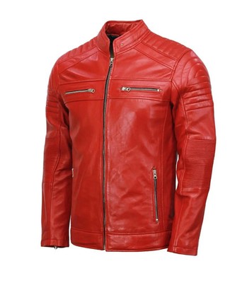 Men's Stylish Leather Red Jacket Lambskin Handmade Genuine Motorcycle Biker Wear