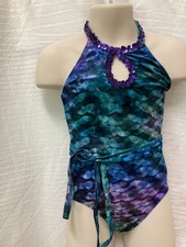 Ballet costume leotard Textured Velvet Navy Plums Green Sequin halter neck