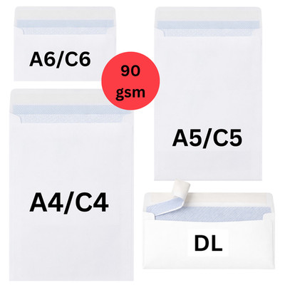 A4 A5 A6 WEISS PAPIERUMSCHLÄGE SELBSTKLEBEND STARK UNI 90 g/m² C4 C5 C6 DL BRIEFMARKEN