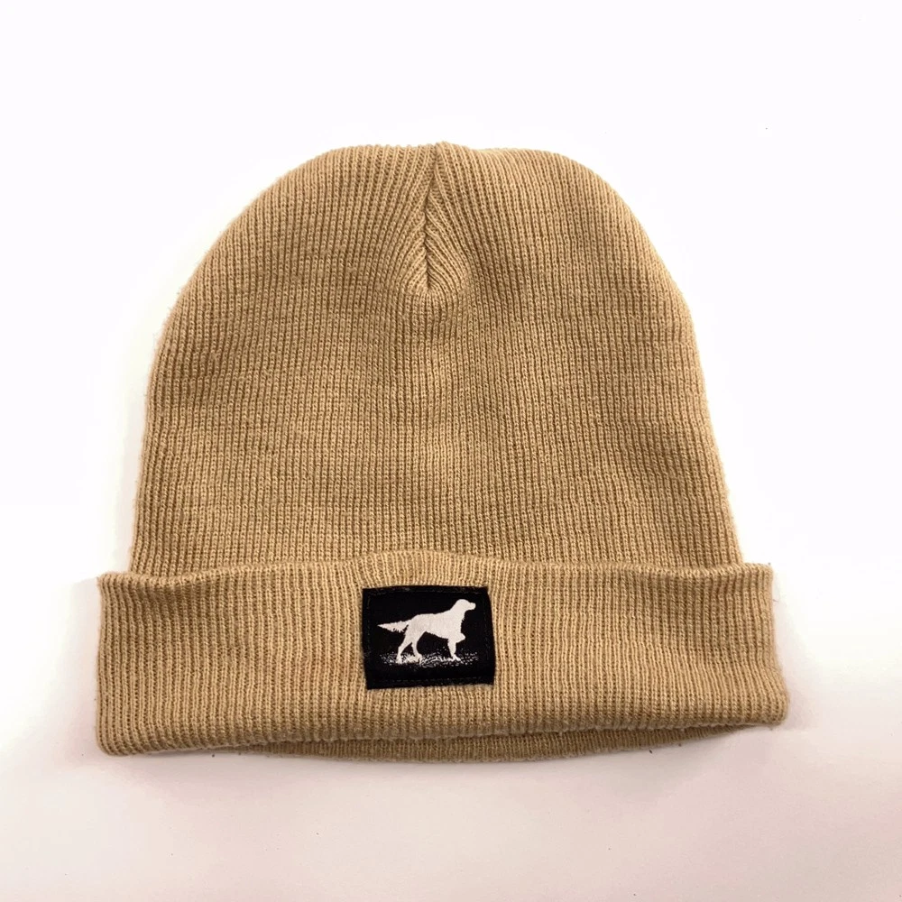 beige winter cuff hat hunting dog patch